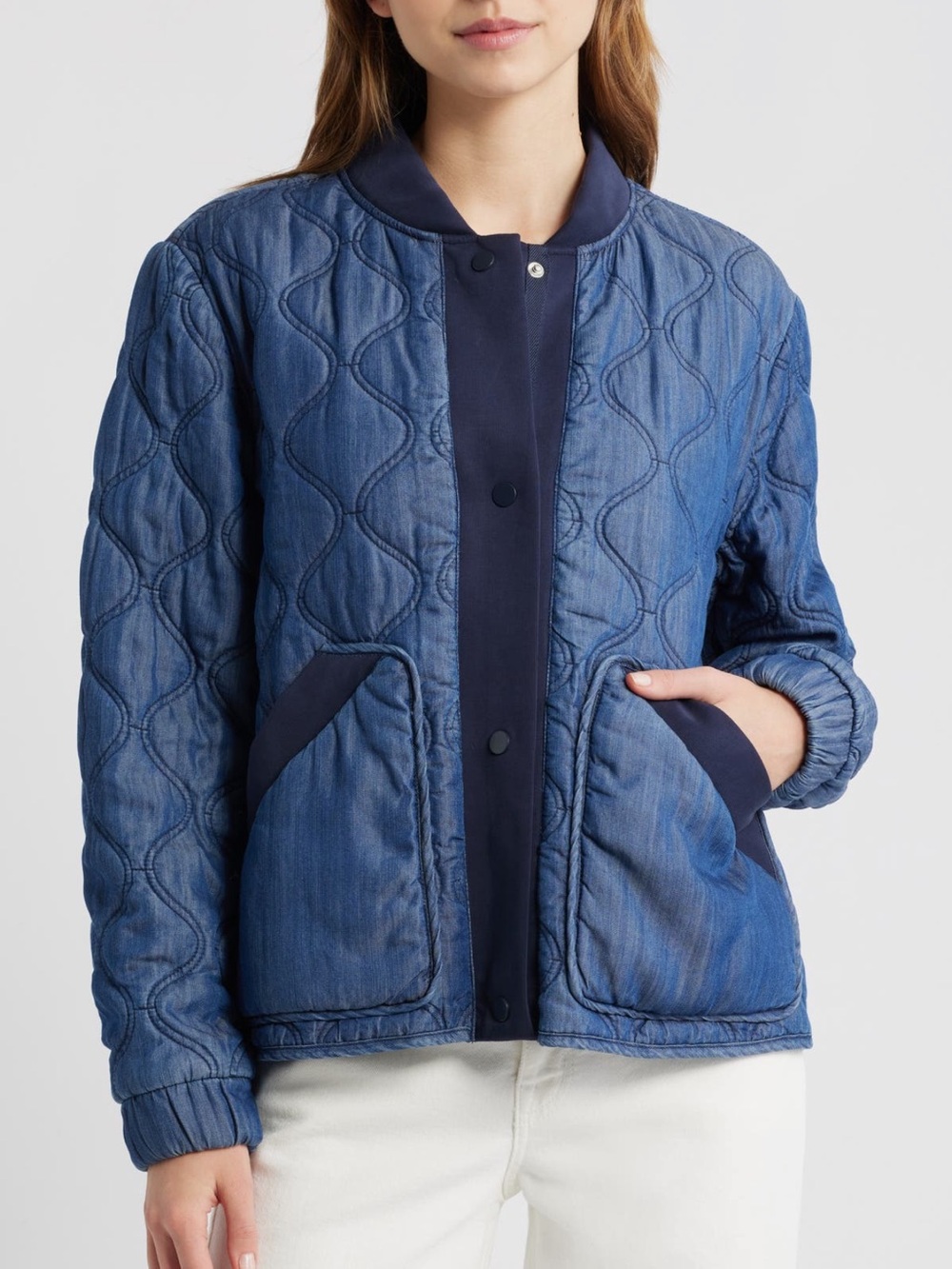 Bernardo Rib Trim Denim Quilted Liner Jacket